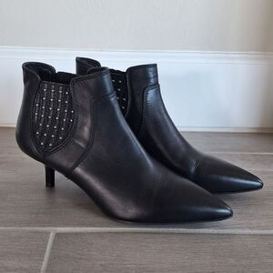 REBECCA MINKOFF Black Leather Studded Accents Kitten Heel Chelsea Boots | Size 7